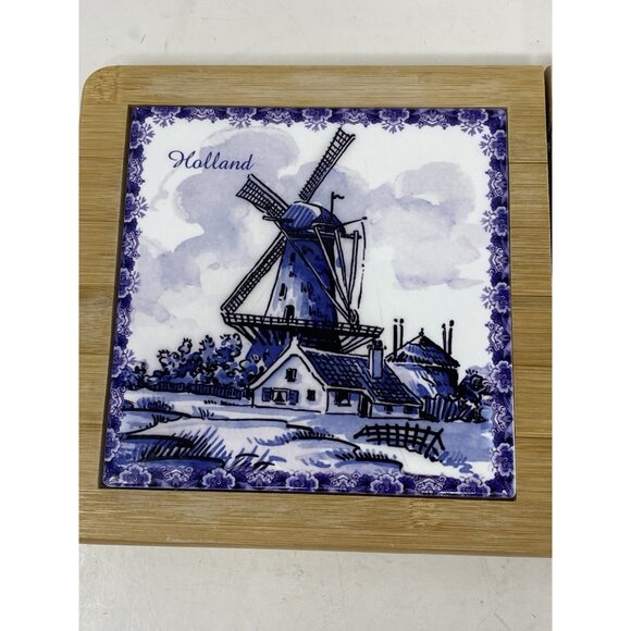 Vintage Delft Blue Windmill Tile Wooden Cheese Board With Slicing Blade Holland - Picture 3 of 8